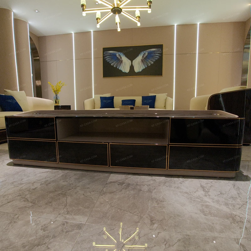 Modern Luxury TV Stand with Rounded Corner Design, High-Gloss Wood Finish and Gold-Framed Storage Compartments